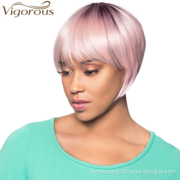 Vigorous 10" Short Bob Hair Wigs with Bangs Synthetic Cosplay Daily Part Wig for White Black Women Ombre Pink Color